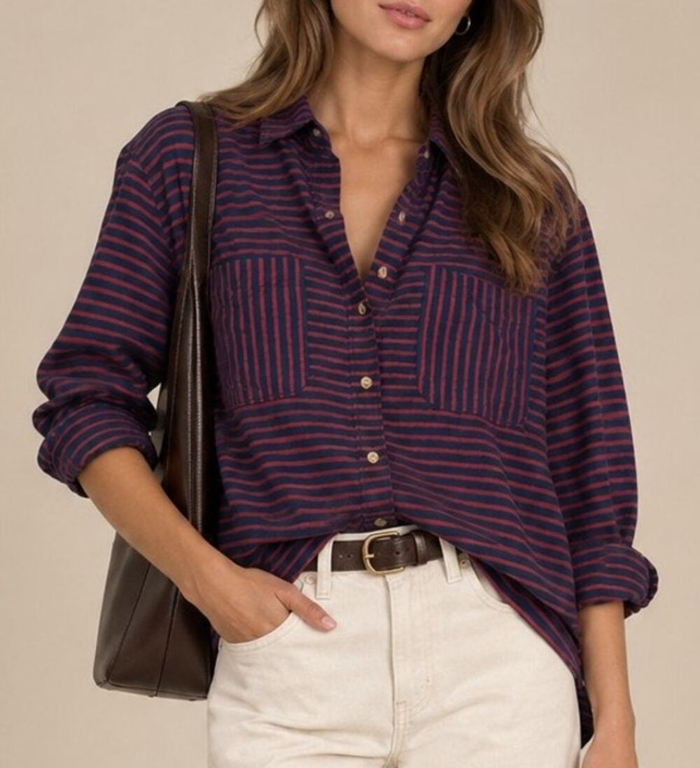Abercrombie & Fitch Womens Boyfriend Shirt Size M Navy Stripe Preppy Ivy League